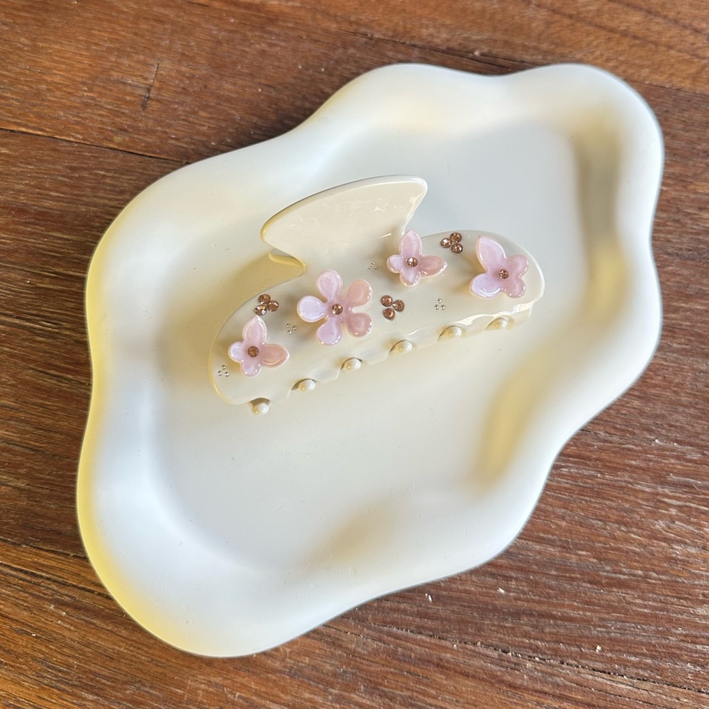 Ivory Pink Floral Hair Claw Clip Rhinestone Coquette Balletcore Soft Girl 3”